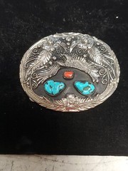 SILVER RED & BLUE TORQUIOSE BELT BACKLE EAGLE S.S.I. NICE!