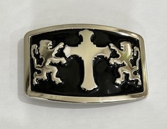 Mens Belt Buckle Black Silver With Double Lions and Cross 4×3” Vintage