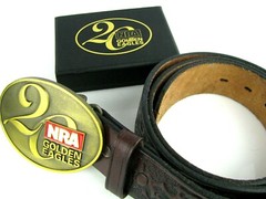 NRA GOLDEN EAGLES 20 Years MEN&rsquo;S Brass Belt Buckle On Rare Korb&rsquo;s Cowhide Belt