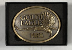 2 NRA National Rifle Association Brass Belt Buckles Golden Eagles in Boxes