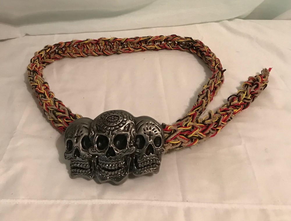Triple Skull Belt Buckle Rasta 100% Natural Hemp Cord Braided Hemp Twine 48&Prime;