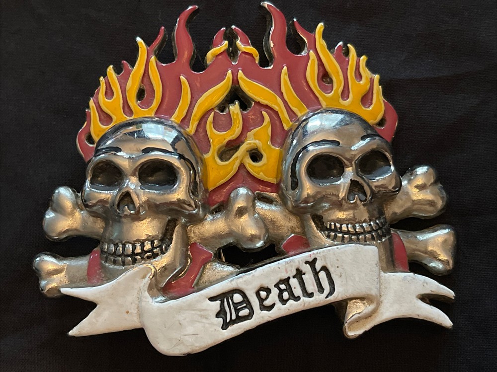 Skulls And Crossbones With Red And Yellow Flames ‘DEATH’ Belt Buckle Biker Goth