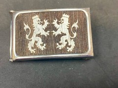 Crowned Griffon Lion&rsquo;s Family Crest Graphic Faux Wood Grain Belt Buckle