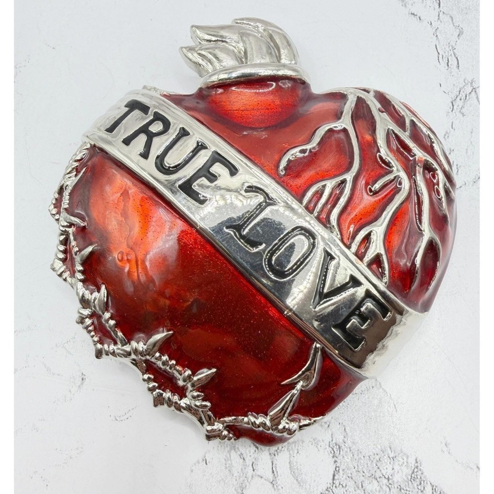 True Love Red Flame Heart Belt Buckle 3.75&Prime; Silver Tone Biker