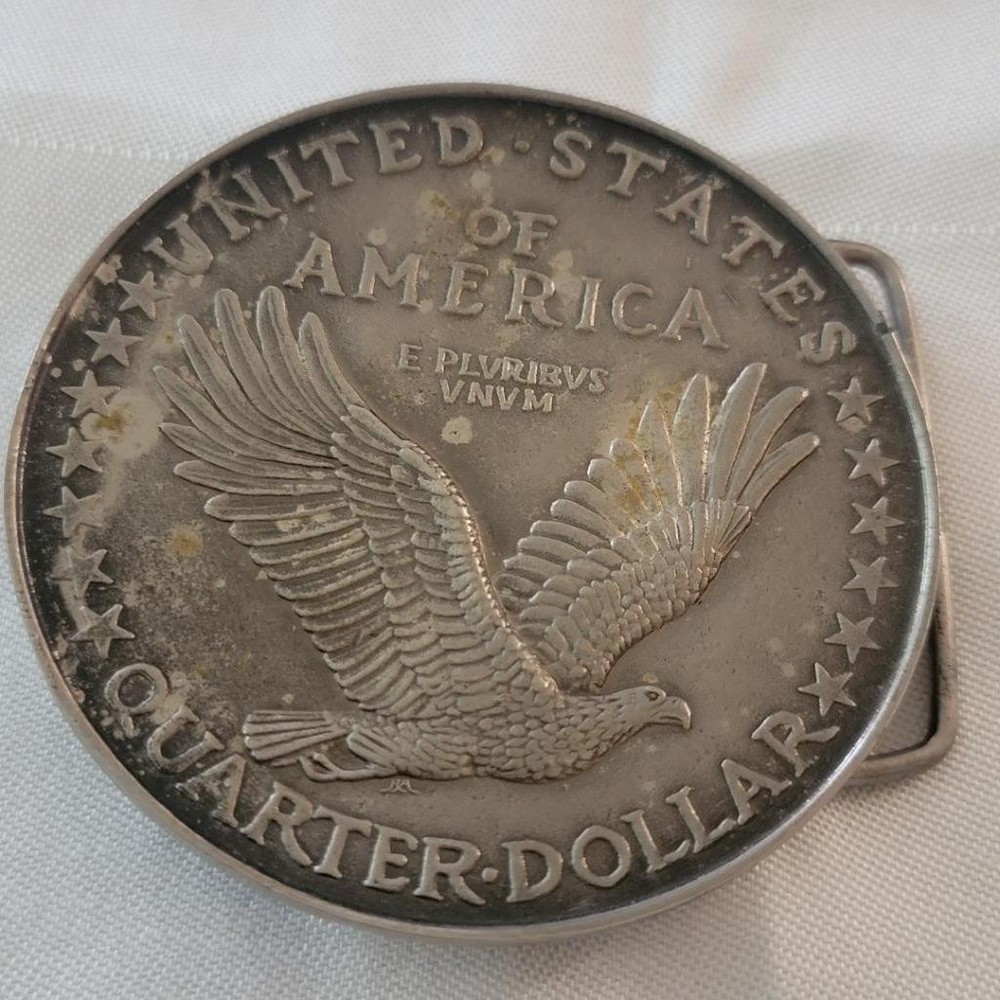 Vintage Indiana Metal Craft Standing Liberty Quarter Dollar Belt Buckle w/ Eagle