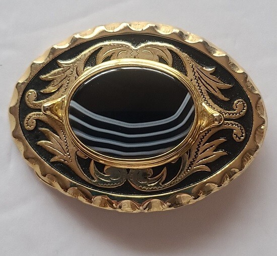 Gold Color Oval Western Black With White Stripes Gem Belt Buckle