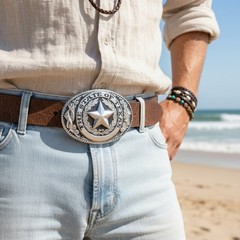 Men Silver Metal Belt Buckle Western Fashion Cowboy Texas State Lone Star Casual