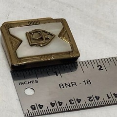 Vintage Belt Buckle Shell Inlaid Brass Ornate Design Marked Gloray Newport