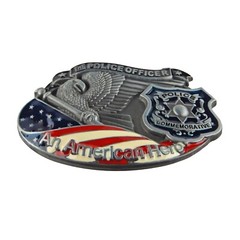 Police Officer Hero Belt Buckle Silver Tone Fits 1.5 inch Belts Enamel U.S. Flag