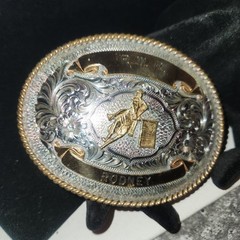 Western Barrel Racing Trophy Belt Buckle P.W.R. Rodney Two Tone Silver Gold Oval