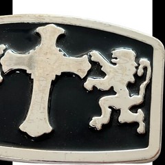 Vintage Mens Belt Buckle – Black Silver With Double Lions and Cross 4×3 Inches