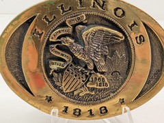 Heritage Mint Illinois 1818 State Seal Gold Brass Belt Buckle 3.25&Prime; x 2.25&Prime; Vtg