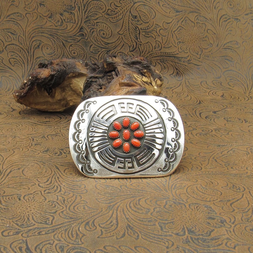 *Navajo Coral Hand Stamped Sterling Silver Overlay Belt Buckle