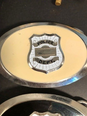 2 Police Badge Belt Buckles Black and Cream W/ Chrome