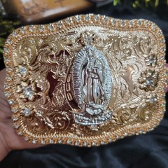 Virgen De Guadalupe Western belt Buckle Rosetone Silver Heavy Rhinestone accent
