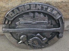 Siskiyou Carpenter Belt Buckle 1991 Pewter Hammer Saw Tape Measure Tool Design