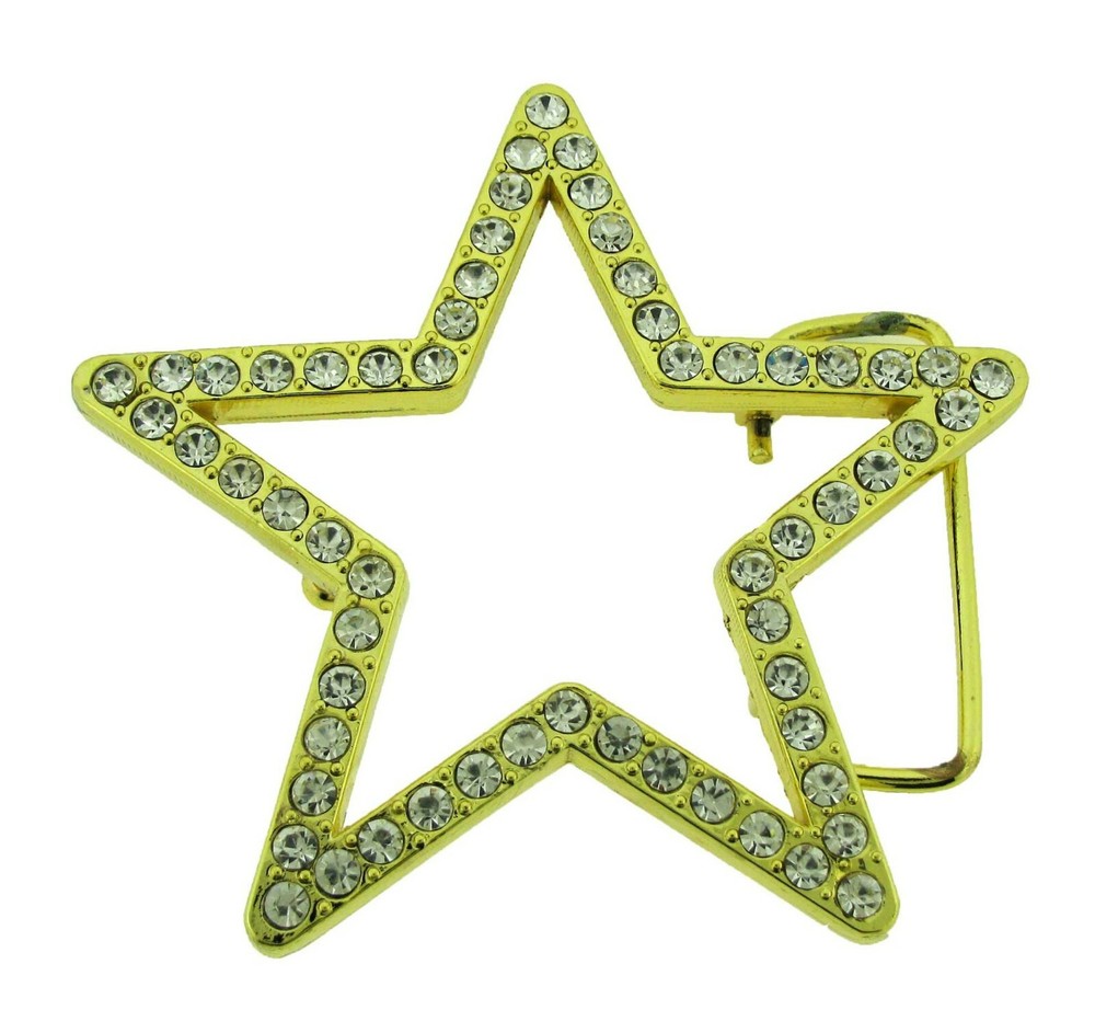New Star Belt Buckle Gold Metal Rhinestones Cut-Out Blinged Rock Punk Iced Goth