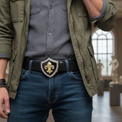 Men Belt Buckle Silver Metal Cowboy Western Gold Fleur De Lys Lily French Shield