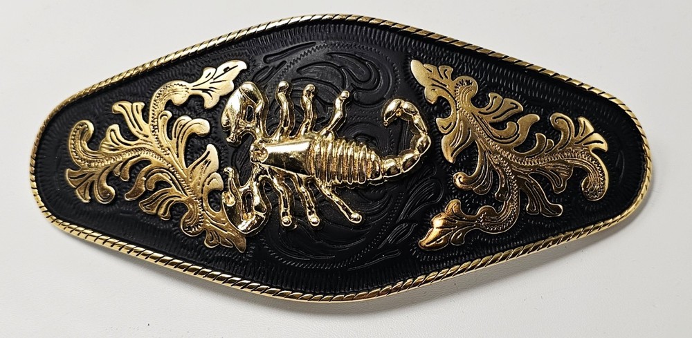 Men&rsquo;s Western Black & Gold Scorpion Emblem Filigree Metal Cowboy Belt Buckle