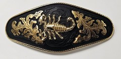 Men&rsquo;s Western Black & Gold Scorpion Emblem Filigree Metal Cowboy Belt Buckle