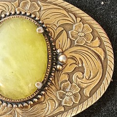Vintage Western Floral Belt Buckle Yellow-Green Serpentine-Style Stone