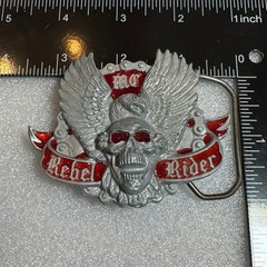 Winged Skull Eagle MC Rebel Rider Belt Buckle Silver Tone Red Enamel Reissue
