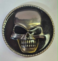 Skull Belt Buckle Round Silvertone Metal Biker halloween Italia Large Heavy- B2