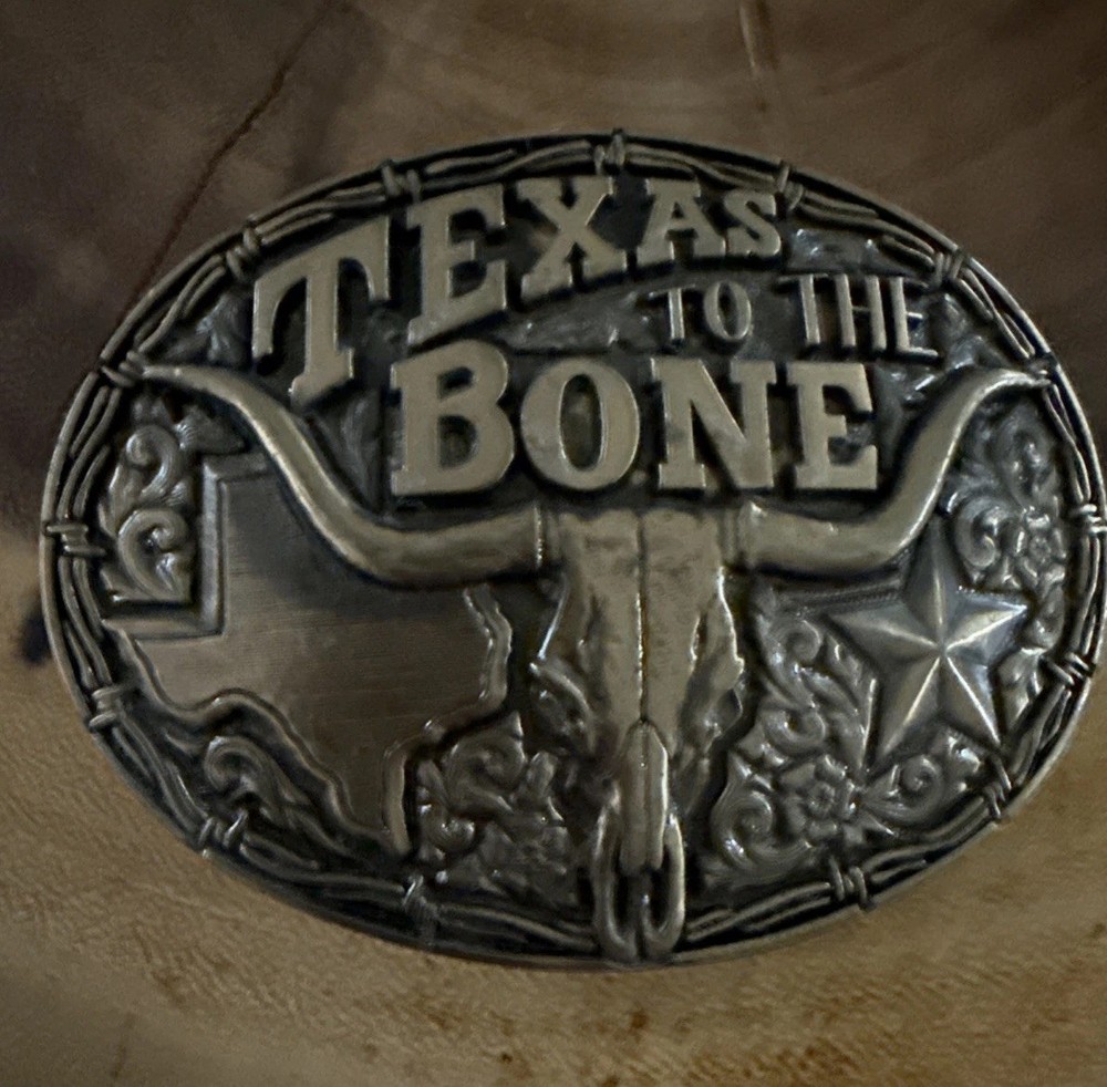 Texas To The Bone Belt Buckle Longhorn Skull Star Western Antique Gold