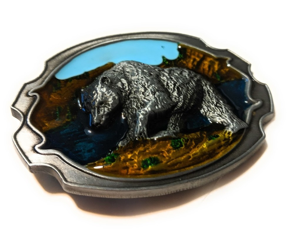 Bear grizzly Black belt buckle Scenery 3.1×2.4&Prime; Full Metal Outdoors USA Seller