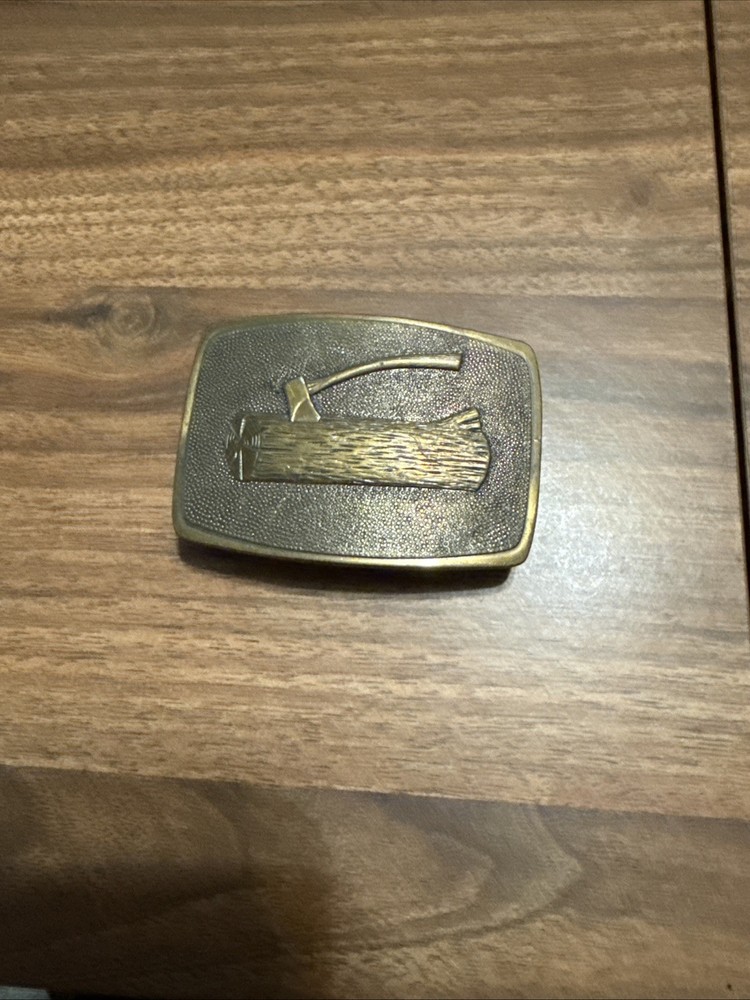 vintage WESTERN belt buckle AXE wood chopping SOLID BRASS boy scouts wilderness