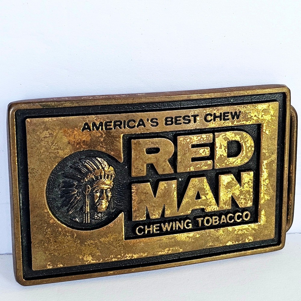 Vintage Red Man Chewing Tobacco Belt Buckle Solid Brass Made in USA Americana