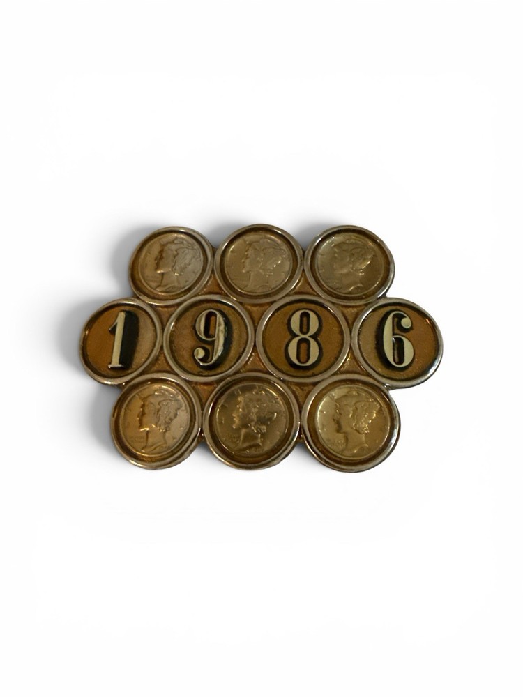 Vintage Coin Design Gold Tone Metal Belt Buckle Fits 2in 1986