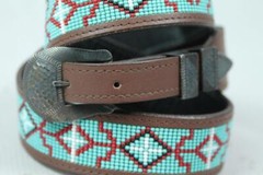 UNCLE SAM W Sterling Silver Buckle Navajo Native Turquoise Beaded Leather BELT