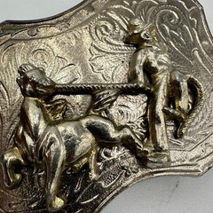 Vintage Belt Buckle Western Cowboy Silver Roping Horse & Rider Rodeo Scene 882