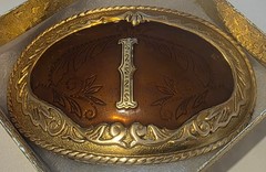 Vintage Metal Belt Buckle, Brass and Enamel, Letter I, Initial I, Nice German