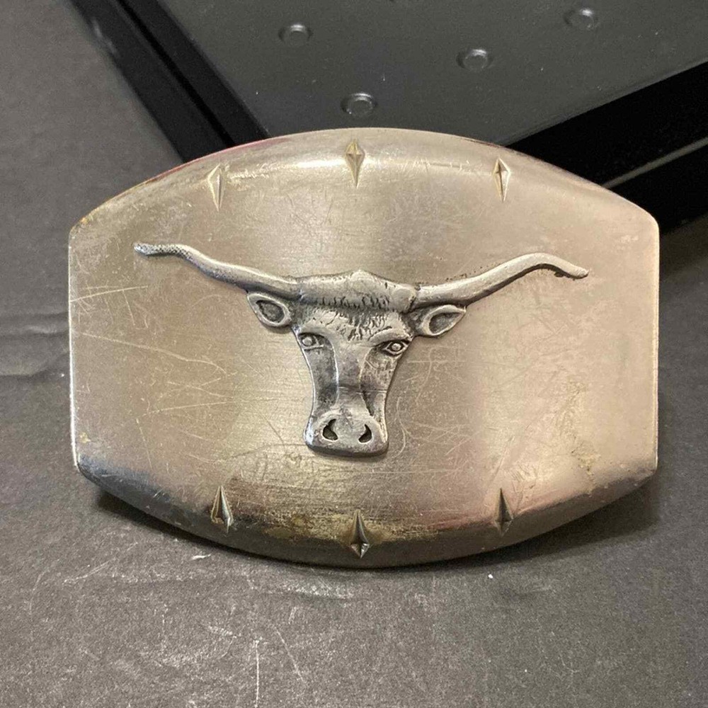 Vintage JUSTIN Nickel Silver Texas Longhorn Steer Cattle Bull Rodeo Belt Buckle