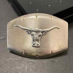 Vintage JUSTIN Nickel Silver Texas Longhorn Steer Cattle Bull Rodeo Belt Buckle