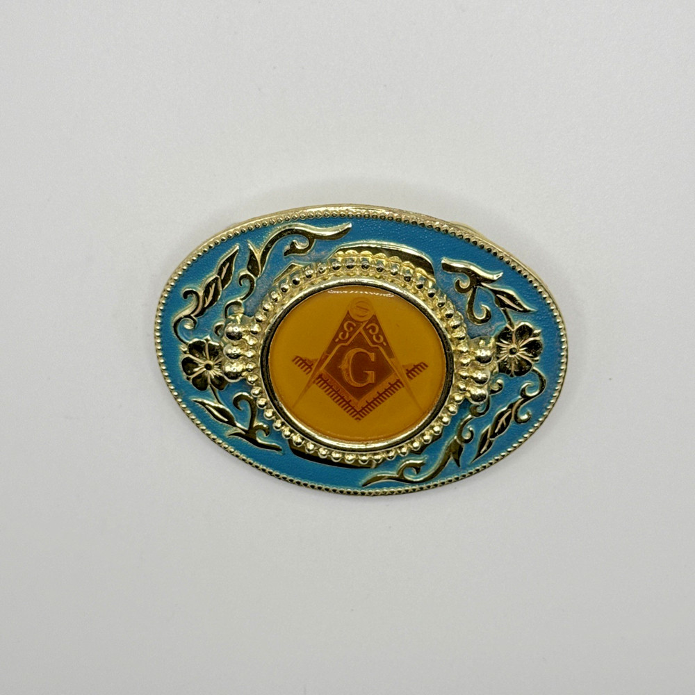 Vintage 1970s Masonic Freemason Belt Buckle Blue Gold Enamel Oval G Symbol