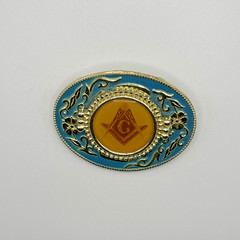 Vintage 1970s Masonic Freemason Belt Buckle Blue Gold Enamel Oval G Symbol