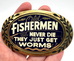 Vintage AMINCO 1980 Old Fishermen Never Die They Just Get Worms Brass Buckle USA