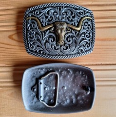 Long horns head bull western bronze & metal belt buckle (choice designs)