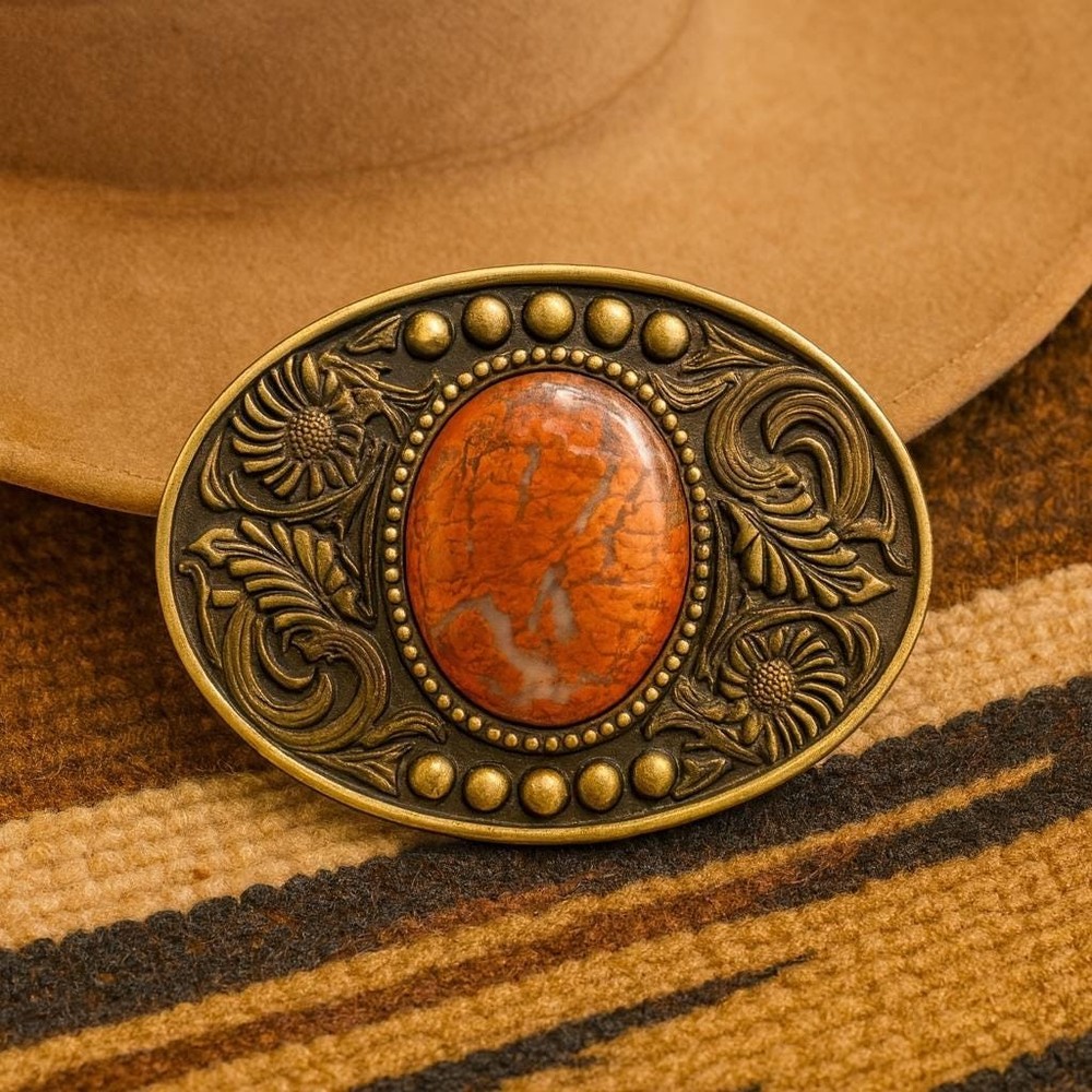 Burnt Orange Stone Western Belt Buckle Agate Inlay Cowboy Brass 1.5in Strap Fit