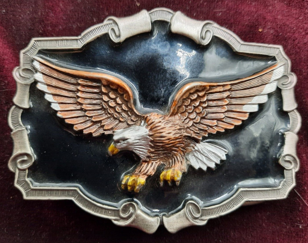 Vintage Open Wing Bikers Eagle Enameled Belt Buckle Scrolled background , 1983