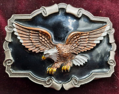 Vintage Open Wing Bikers Eagle Enameled Belt Buckle Scrolled background , 1983