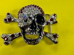 Pirate Skull Head Crossbones Red Clear Rhinestone Covered Costplay Belt Buckle