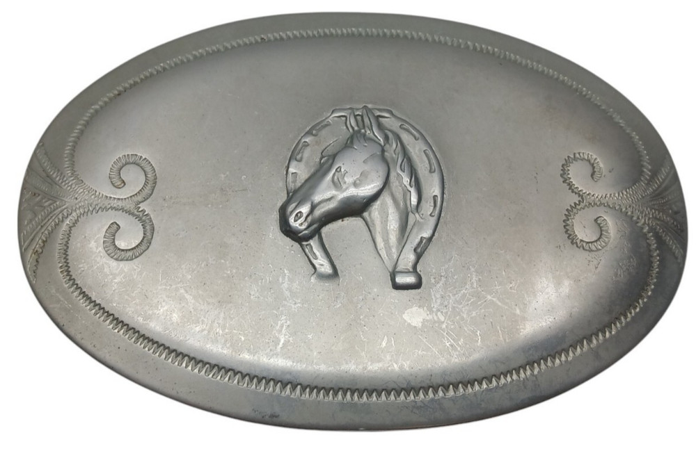 Vintage Satin Silver Tone – Horse with Horseshoe 2.5&Prime; x 3.5&Prime; Belt Buckle
