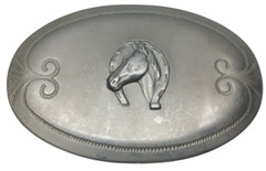 Vintage Satin Silver Tone – Horse with Horseshoe 2.5&Prime; x 3.5&Prime; Belt Buckle