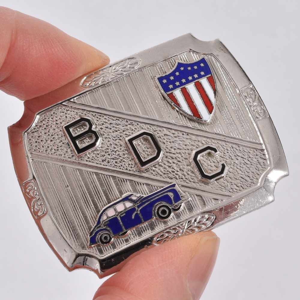 Vintage DECO Etched Enamel 40s CAR American Flag Shield BELT BUCKLE Hook Fast
