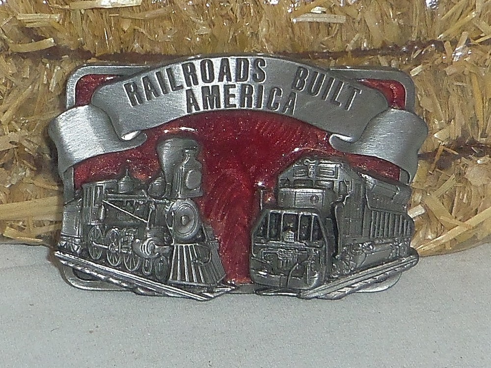 Railroads Built America 3×2.25in Locomotives enameled pewter buckle Made in USA