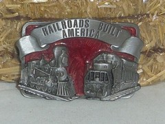 Railroads Built America 3×2.25in Locomotives enameled pewter buckle Made in USA